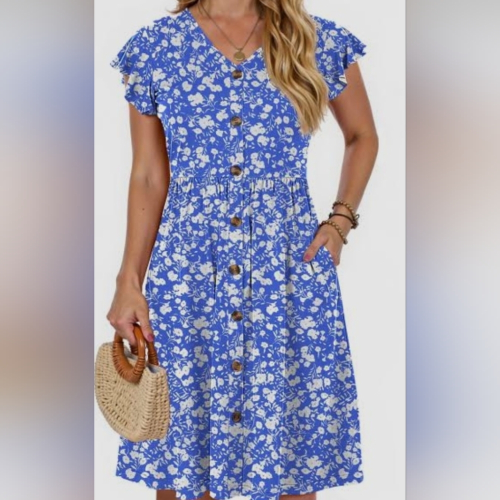 Blue Floral Button-Down Dress